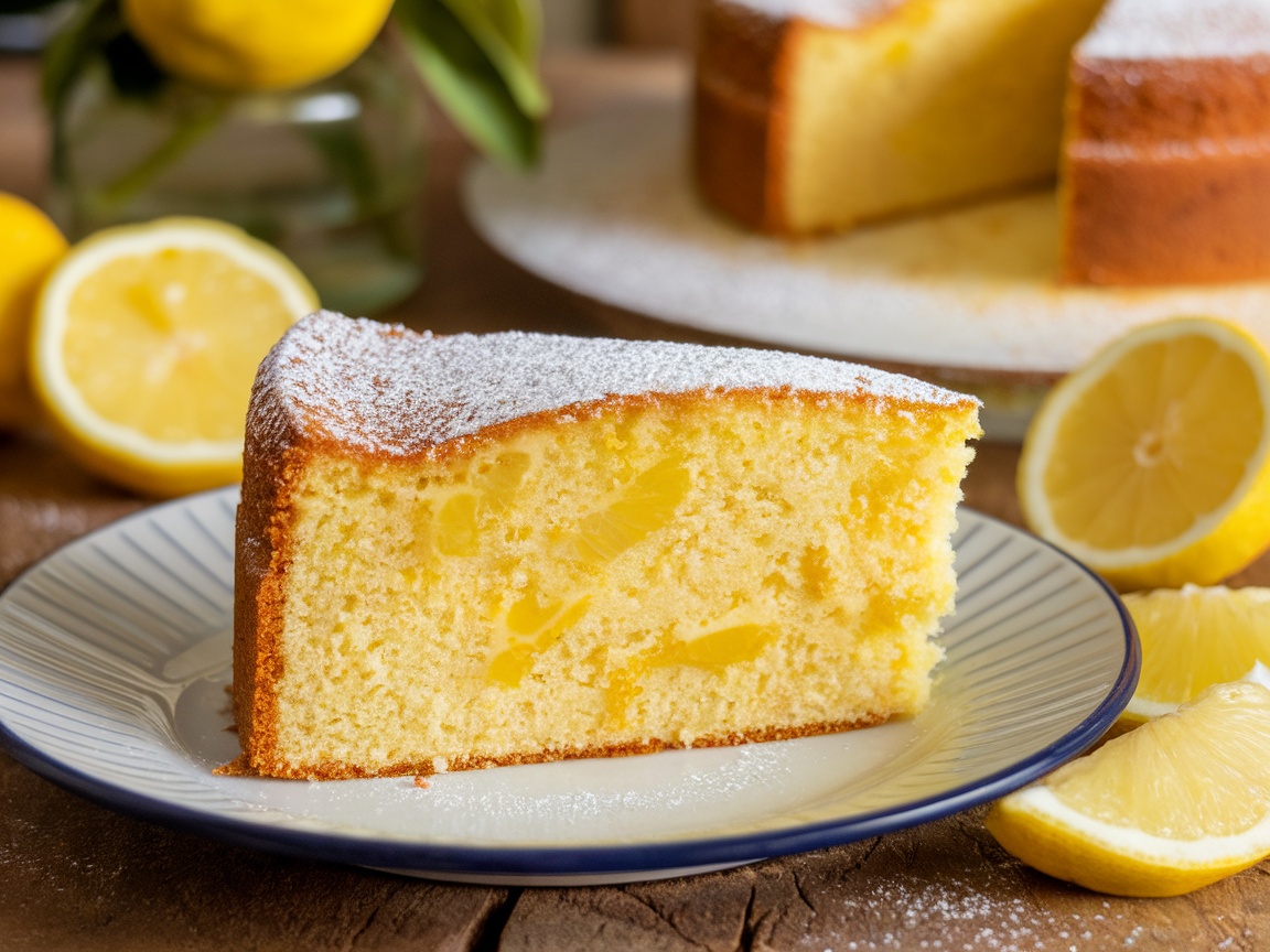 Lemon Olive Oil Cake Recipe A slice of Lemon Olive Oil Cake on a plate, garnished with lemon slices and powdered sugar.